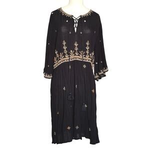 Shyanne Black Embroidered Boho Midi Dress Bell Sleeves Lace-Up Rayon Size L